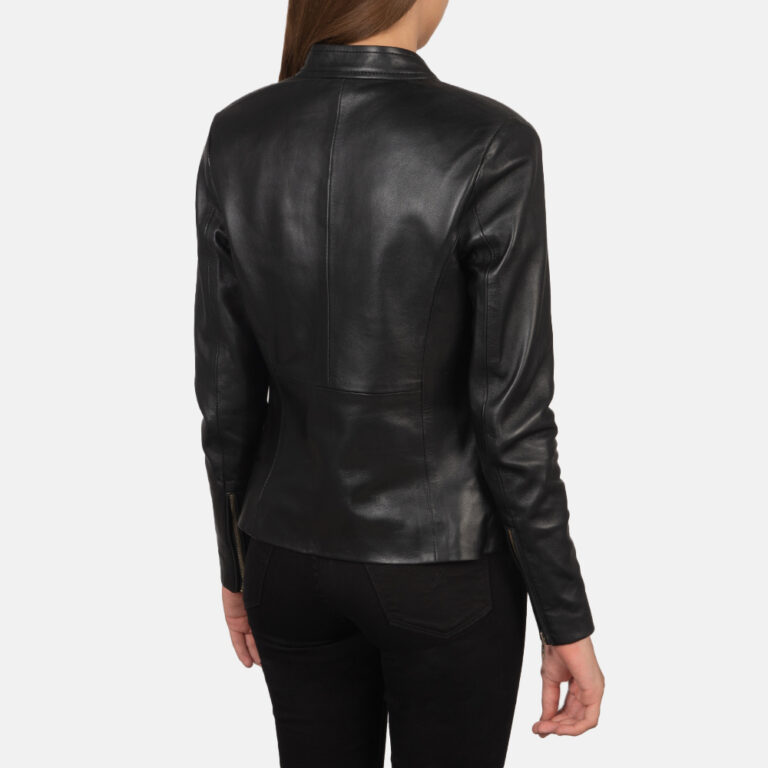 Womens Rave Black Leather Biker Jacket Tilted Back-8-1659377036052